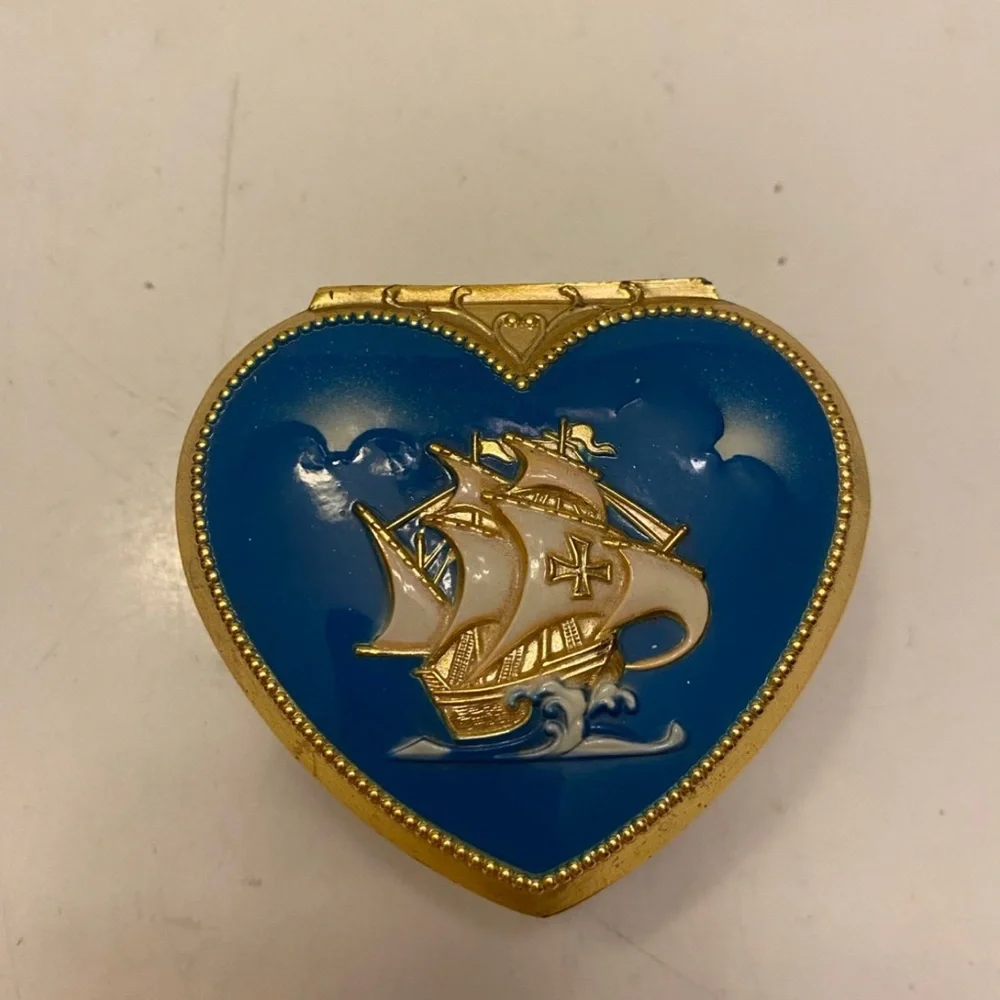 Sailing Ship Heart shape Trinket Box  Blue and Silver with Red Lining Vintage